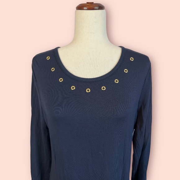Michael Kors Navy Blue Modal swing dress long sleeve gold detail sz Large - Picture 4 of 8